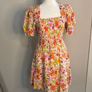 mine Floral Puff-Sleeve Smocked Mini Dress in Orange, Pink, Yellow, Green
